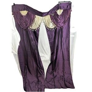 Luxury Purple & light Gold Satin Curtain Drape W/Tassel Valance Window Paneles